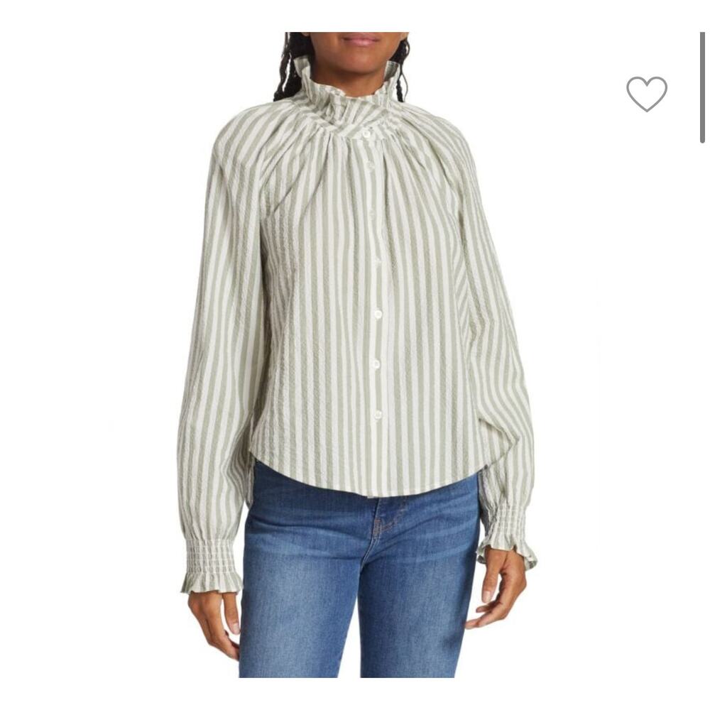 Veronica Beard Calisto Seersucker Striped Shirt Dark Sage & White - Picture 3 of 7